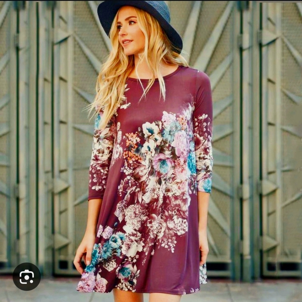 Bellamie Purple Floral Border Print Dress Long Sleeve Swing Boho Tunic L